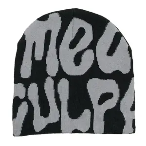 OEM fashion black design unisex all over print jacquard logo custom cuffless beanie mea culpa winter knit hat