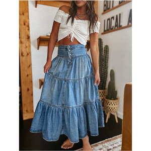Moda de verano 2025, nueva falda Bohemia elegante para mujer, Falda vaquera lavada con agua y arrugas dividida en falda de pastel - Product Image 1