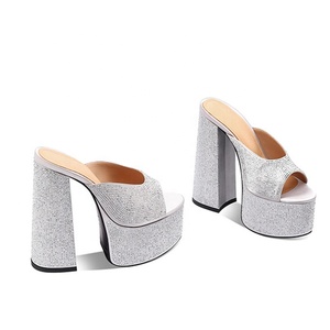 Sandales de soirée pour femme à bout ouvert, à talons hauts épais et plateforme, ornées de strass argentés, mode été, chaussures haut de gamme - Product Image 2