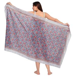 Pareo de algodón con estampado a mano en gris tormentoso y rojo para mujer, ligero, para cubrir el bikini, ropa de verano - Product Image 1