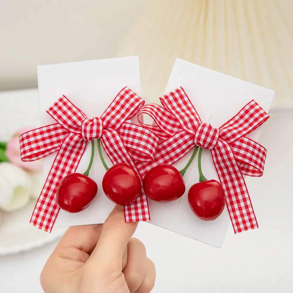 Sweet Korean Style Candy Red Double Cherry Hair Clip with Red Stripes Bows Hairpins Children Girls Hair Accessories