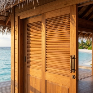 Puertas Dobles de Entrada Exteriores de Madera de Teca y Caoba Maciza con Listones Horizontales - Product Image 2