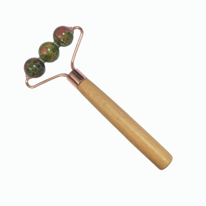 3-Round Bead Green Stone Facial Roller - Solid Wooden Handled <b>Massager</b> with Rose Gold Bracket Unique Contour <b>Tool</b> for Skincare - Product Image 3