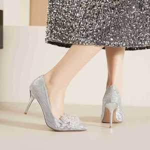 6681X-078 Classic Bridal High Heels Organza Beaded Floral Print Wedding Shoes Women's - Product Image 2