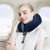Oreiller cervical en mousse à mémoire de forme pure lavable en machine avec housse confortable et respirante Kit de voyage en avion (bleu)