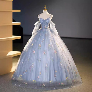 Gray Blue Ball Gown Sweetheart Neckline Floral Print Organza Empire Waist Evening Dress For Banquet Events - Product Image 1