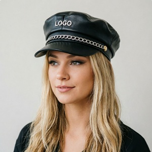 Custom Trendy Punk PU Leather Newsboy <b>Cap</b> with Chain <b>Flat</b> Top Sailor Beret <b>Cap</b> for <b>Men</b> Women - Product Image 3