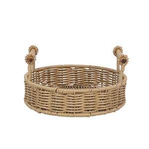 Panier de rangement pour collations et articles divers, avec poignée en bois, pour salon, style pastoral, rond, imitation rotin tressé - Product Image 2
