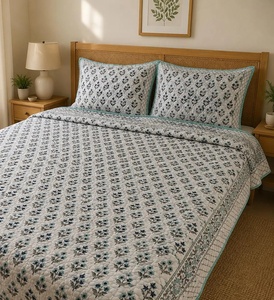 Modern Design Hand Block Printed Quilted Floral <b>Comforter</b> <b>Set</b> Handmade Jaipur Cotton Bedcover with 2 Pillow Covers - Product Image 6