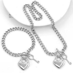 Cadena para Hombre, Tono Dorado, Doble Eslabón Cubano, <span class=keywords><strong>Rombo</strong></span>, Acero Inoxidable 316L, Collar y Pulsera con Colgante de Llave y Corazón - Product Image 5