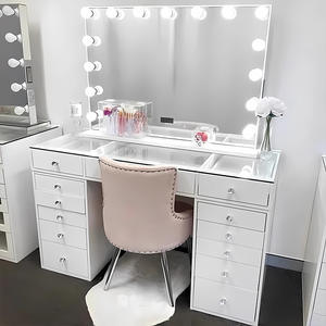 Customized White Black <strong>Cheap</strong> Impressions Glass Top Maquillaje Makeup Vanity Desk Dressing Table With Chair and Led <strong>Mirror</strong> - Product Image 2