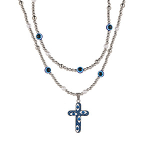 Colliers <span class=keywords><strong>à</strong></span> double rangée de perles tendance pour hommes, pendentif croix et œil porte-bonheur, bijoux de fête - Product Image 2
