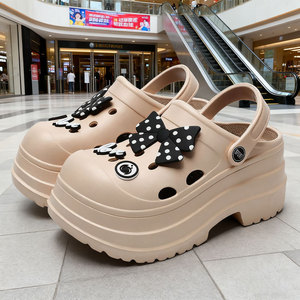 White Thick Sole Clogs <b>With</b> Black Polka Dot <b>Bow</b> Women's Fashion Summer <b>Shoes</b> 9cm Heel Height Crocs Style - Product Image 2