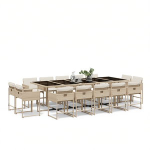 Ensemble de salle à manger de jardin en rotin beige, 14 pièces, mobilier d'extérieur contemporain, résistant aux intempéries - Product Image 1