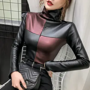 Wanita Musim Dingin Kulit PU T-shirt Plus Bulu Pullover Hangat Lengan Panjang Turtleneck PU Kulit Hangat Kulit PU Atasan