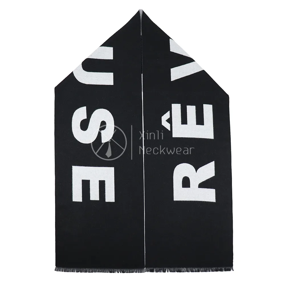 New Trendy Winter Accessories Black White Warm Scarfs Custom Logo Embroidered Men's Wool Scarf with Tassel