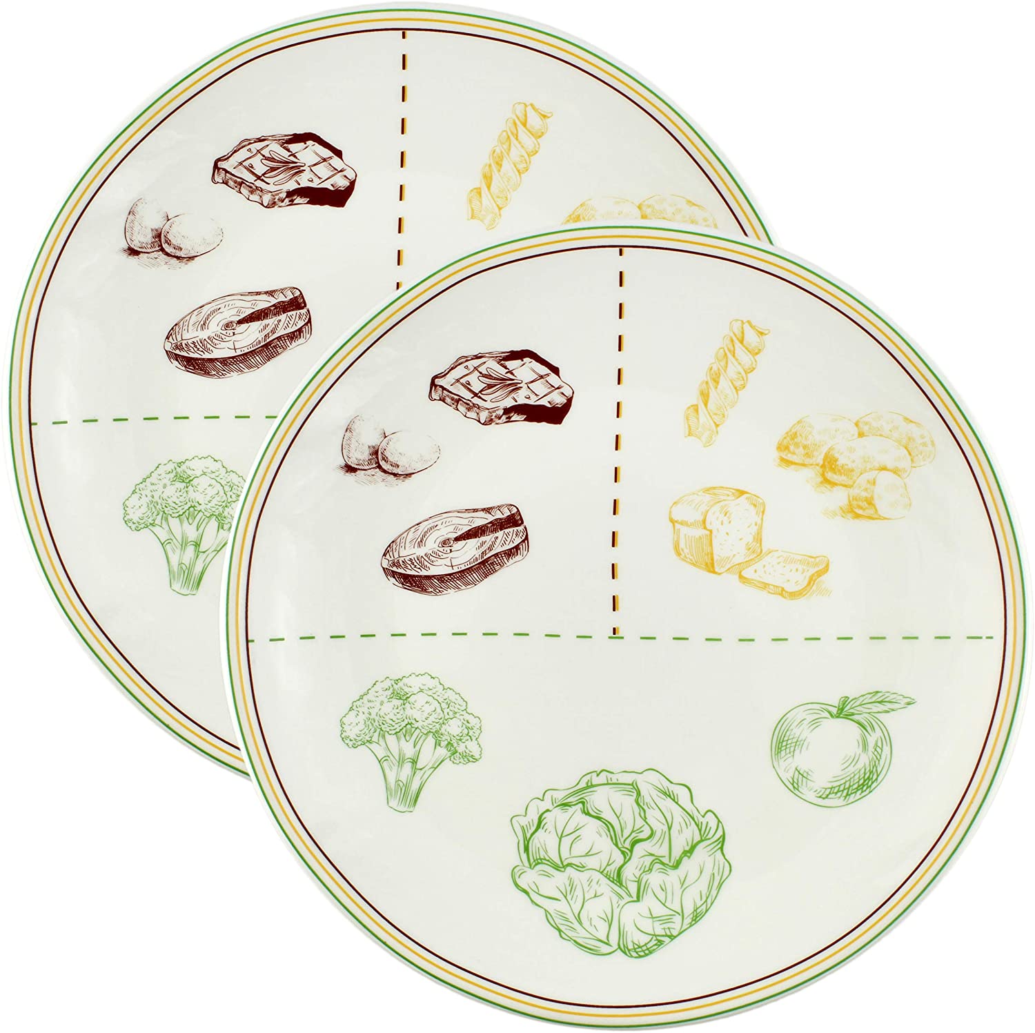 9Inch Ceramic Meal Portions Control Plates (Set of 2) Diabetic Eating Plate Ideal help for diet and weight control