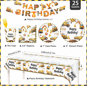 Construction Boy Birthday Party Paper Plates Cups Napkins Table Cloth Forks Tableware Kit Hanging Banners Flags Garland Supplies - Product Image 6