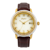Montre pour homme en jade synthétique de luxe, incrustée de cristaux, mouvement à quartz Miyota, boîtier en alliage IPG, bracelet en cuir PU, étanche 3ATM, DOE/DOM