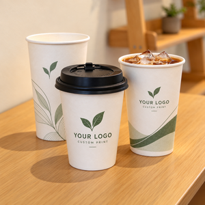 Paper Coffee <b>Cups</b> with Lids <b>Custom</b> Logo Printed Disposable Single and Double Wall Multiple Sizes for Cafe Takeaway - Product Image 1