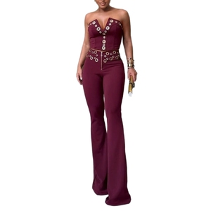 ชุดเซ็ตสองชิ้นสำหรับผู้หญิง ดีไซน์ทันสมัย คอวี ตกแต่งกระดุมโลหะแบบรูตาไก่ ผ้าสแปนเด็กซ์ ยืดได้ ทรงทูปท็อปแขนกุด - Product Image 2