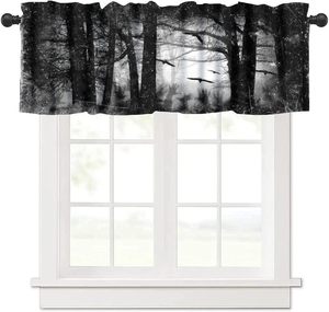 Voilages de fenêtre de cuisine Halloween, motif Corbeau de la forêt effrayante, arbres nus, noir et blanc, personnalisables - Product Image 2
