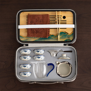Juego de té de viaje Dehua azul y blanco, tazas de porcelana Gaiwan, bandeja completa, regalo empresarial, logotipo personalizado - Product Image 1
