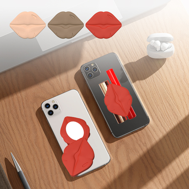 Travel Essential Makeup Accessory Gift Stylish Silicone Lip Mirror with Lipstick Storage and Adhesive Phone Stand Function