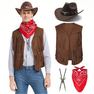 Costume de cowboy occidental en gros pour hommes, veste à franges, chapeau, bandana, collier, accessoires de tenue de cowboy pour Halloween, cosplay - Product Image 5