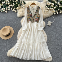 Ensemble 2 pièces élégant pour femme : Gilet floral style français et robe midi à manches longues, taille ajustée, idéal pour le printemps et l'automne