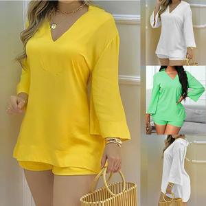 S-XXL neue einfarbige Set Flare Sleeves V-Ausschnitt Top Shorts Mode Damen 2-teiliges Set - Product Image 2