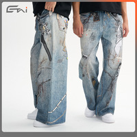 Jean droit en denim délavé mi-bleu pour homme, style streetwear américain, taille mi-haute, imprimé 3D, décontracté, 100 % coton, haute qualité, collection printemps