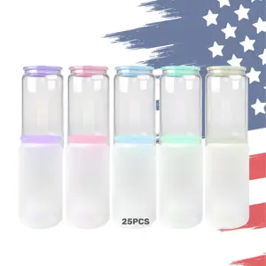 美国仓库透明磨砂透明玻璃水瓶升华空白16盎司带彩色盖子和吸管的玻璃罐杯