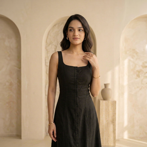 Vestido Midi Negro de Lino con Cuello Cuadrado y Botones al Frente, Ajustado, Casual, para Uso Diario de Verano, Sin Mangas, Color Sólido, Tejido - Product Image 1
