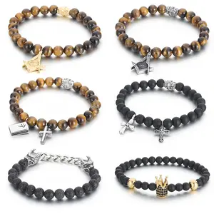 Top Selling Vintage Religious Stainless Steel Bible Book Crown Cross Tiger Eye Beads Natural Stone Bracelet Jewelry