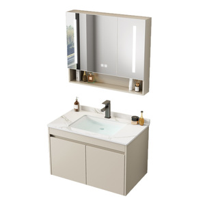 Mueble de Baño Moderno de Aleación de Aluminio Impermeable en Color Blanco Crema con Espejo LED Inteligente y Lavabo de Cerámica - Product Image 1