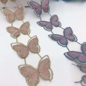 wholesale 5cm wide double layer butterfly lace trim embroidery pink blue sewing embroidered net mesh organza bridal fabric lace