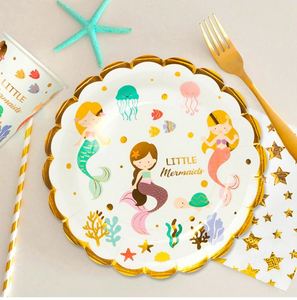 Feuille d'or sirènes vaisselle jetable enfants 1er joyeux <span class=keywords><strong>anniversaire</strong></span> fête gobelets en papier/<span class=keywords><strong>assiette</strong></span>/serviette bébé douche fête fournitures - Product Image 5