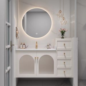 French Cream White Bathroom Vanity Solid Wood Cabinet with Round LED Mirror Ceramic Sink - Product Image 1