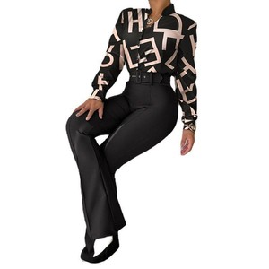 Conjunto de Dos Piezas Elegante de Alta Calidad para <span class=keywords><strong>Mujer</strong></span> de <span class=keywords><strong>Oficina</strong></span> <span class=keywords><strong>2022</strong></span>, Conjunto Casual de Dos Piezas con Pantalones Anchos y Blusa - Product Image 4