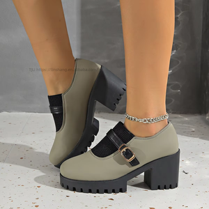 Chaussures à talon épais de style britannique, à enfiler, à bout profond, nouvelle collection automne, grandes tailles, pour femmes - Product Image 2