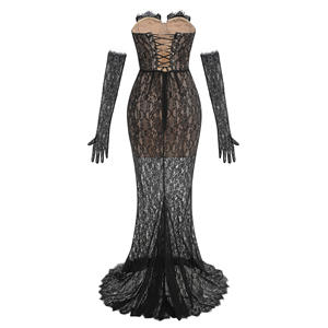 A10293 nuevo vestido de noche de encaje sin tirantes Sexy para mujer elegante traje hasta el suelo imperio para graduación Club guantes incluidos - Product Image 4