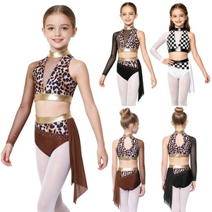 Traje de Danza Lírica para Niñas, Dos Piezas, Top Corto Halter con Espalda con Abertura, Estampado de Leopardo, para Competencia y Actuación, Personalizado - Product Image 1