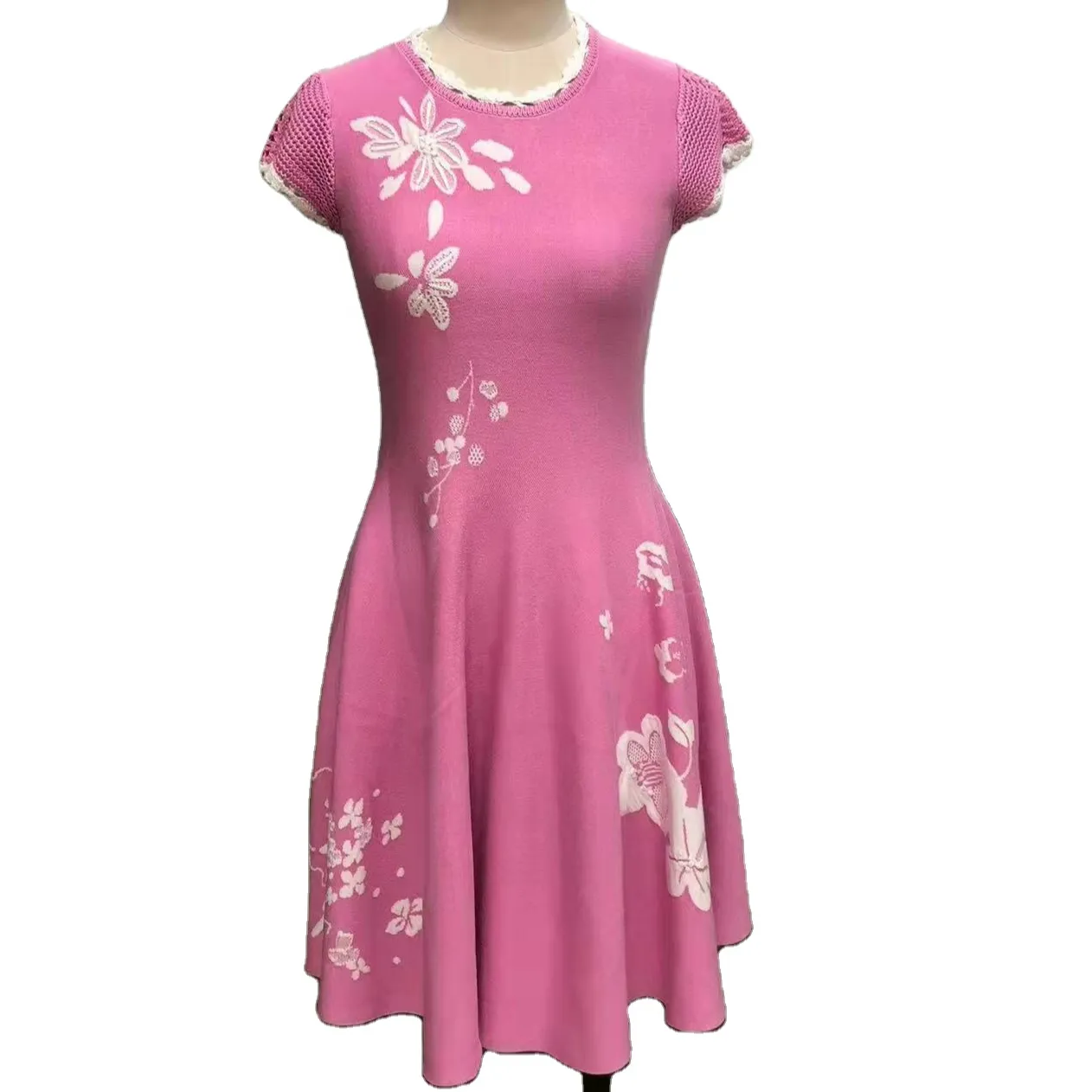 2023 Hot Best Sell Custom Women Ladies computer Knit Long Dress with Floral Applique High Fashion Top Quality OEM ODM Factory