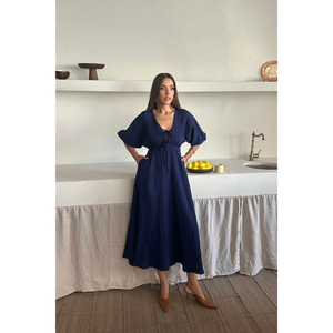 Vestido Azul Marino con Cuello en V y Drapeado, Decoración de Volantes Calados, Talla Grande, Estilo Formal para Fiesta o Club, Diseño Sólido y Elegante, Talla Única - Product Image 6