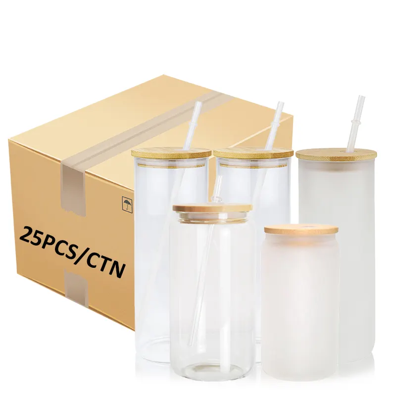 RTS USA Including delivery 12oz 16oz frosted clear Beer can glass sublimation beer glass with Bamboo Lid and Straws