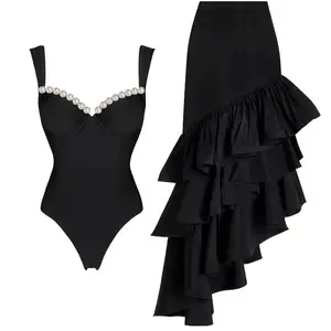 New summer solid color one-piece black suspender advanced vacation vacation swimsuit three-piece set beach cover up skirt