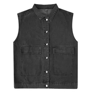 Y2k Retro Thời Trang Mỏng Không Tay Áo Khoác Màu Đen Denim Vest Của Phụ Nữ Mùa Thu Giản Dị Quần Jean Áo Ghi Lê