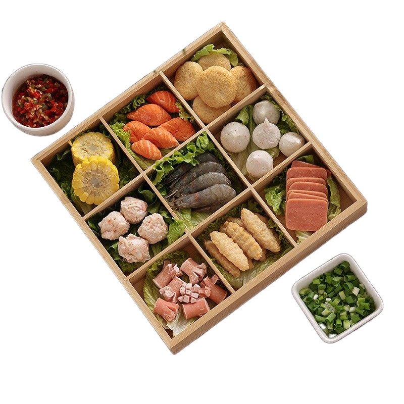 Бамбуковый деревянный поднос с несколькими отсеками, сервировочный поднос, Бамбуковая тарелка с девятью отсеками, деревянная посуда, тарелка для закусок