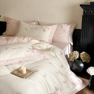 Parure de lit quatre pièces personnalisable en molleton 100 % coton, 100 fils, broderie papillon, style luxe léger pour <span class=keywords><strong>fille</strong></span> - Product Image 1
